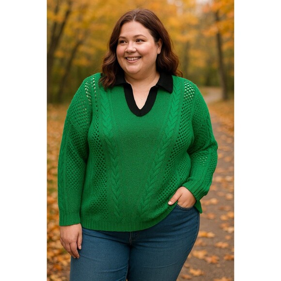 Woman’s Green Open Chunky Knit Sweater Slouchy Preppy Coastal Grandma Size 3XL - Picture 2 of 8